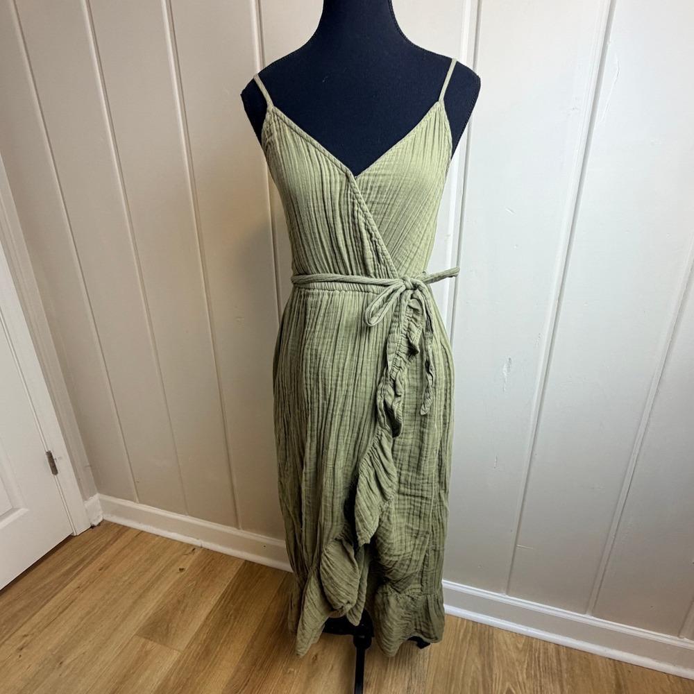 Aerie Olive Green Gauze Wrap Maxi Dress Ruffle Hem Small